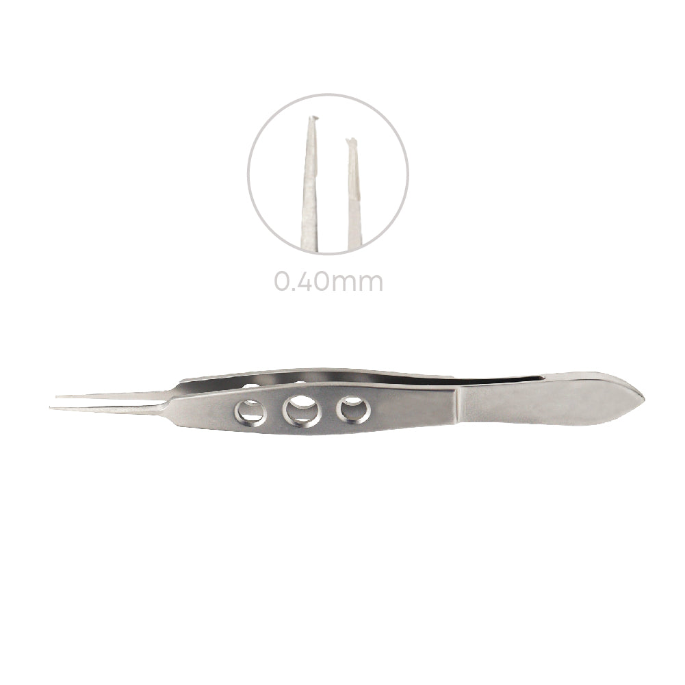 Micro-Iris ophthalmic forceps with toothed design and 0.40 mm fine tips, 10.5 cm length for controlled microsurgical precision