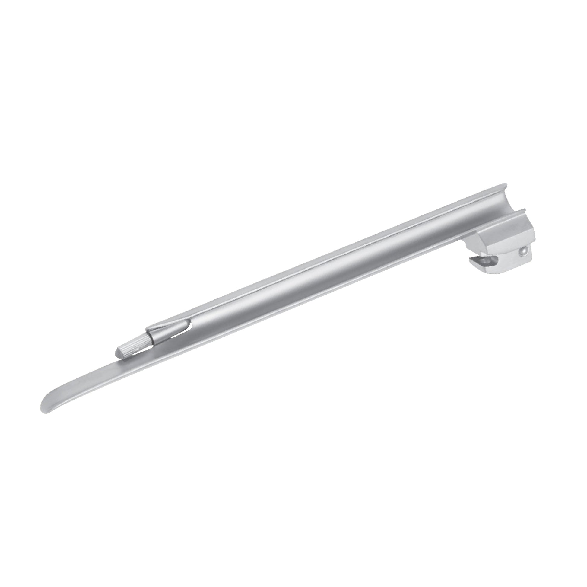 A surgical-grade stainless steel Miller laryngoscope blade with a straight profile and a slight curve at the tip, designed for direct epiglottis lifting during intubation.
