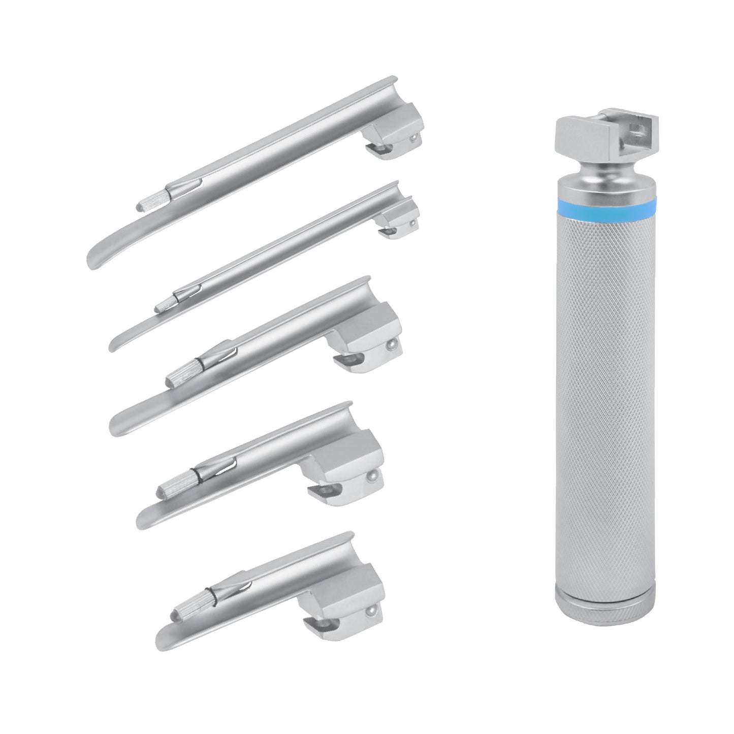  A 6-piece Miller laryngoscope set featuring five straight stainless steel Miller blades in varying sizes and one textured, knurled-grip medium handle on a white background.