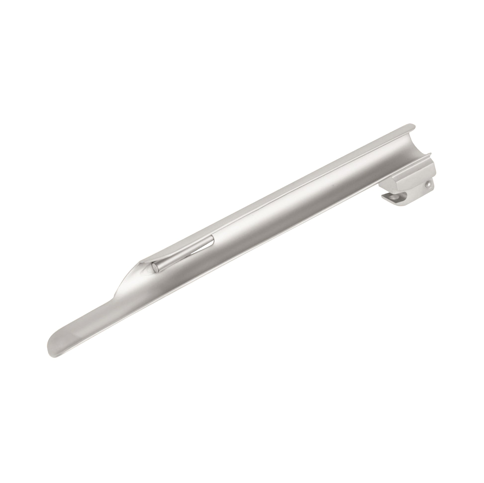 Side view of a straight Miller laryngoscope blade made of polished stainless steel, featuring an integrated fiber optic light channel for endotracheal intubation.
