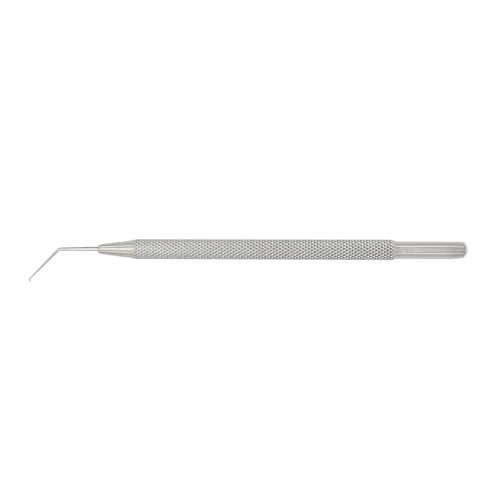 Stainless steel ophthalmic lens manipulator with an angled micro-tip and textured knurled handle for cataract surgeries.