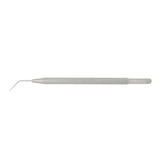 Stainless steel ophthalmic lens manipulator with an angled micro-tip and textured knurled handle for cataract surgeries.