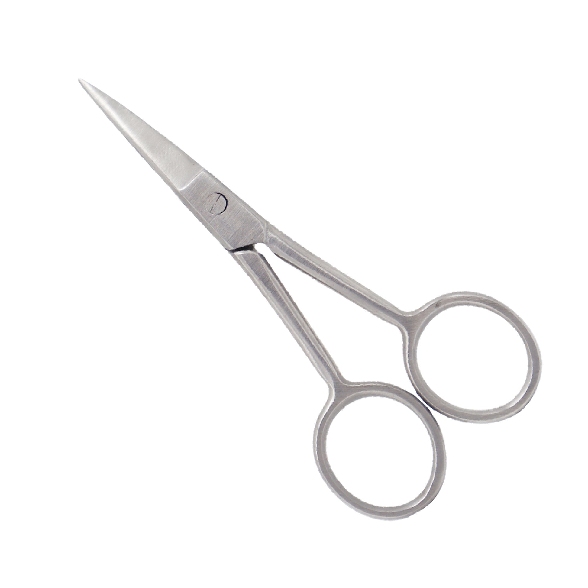 Straight stainless steel personal grooming scissors with sharp pointed blades and finger ring handles on a white background.