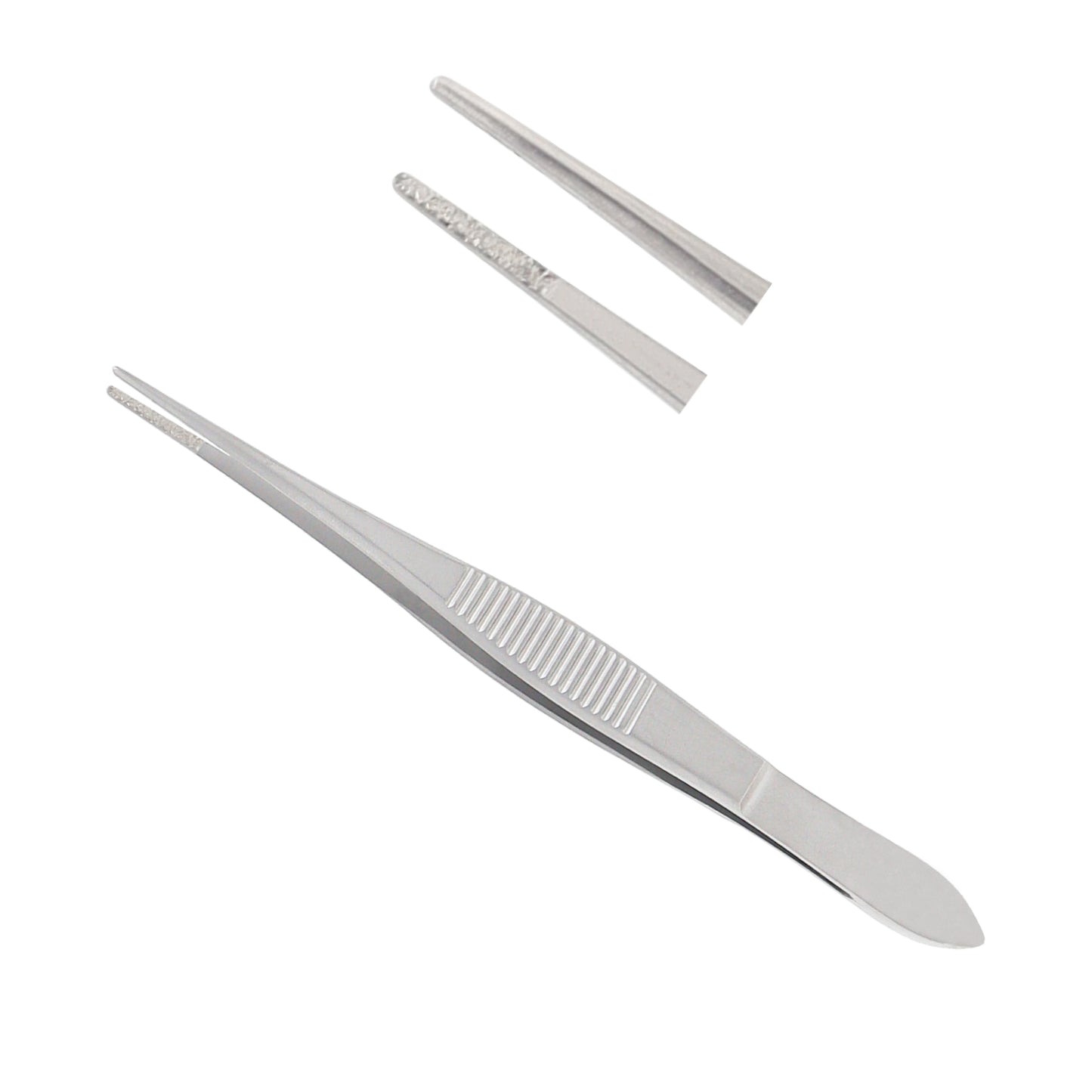 Straight stainless steel surgical dressing forceps with a serrated thumb grip and blunt tips, shown against a white background.