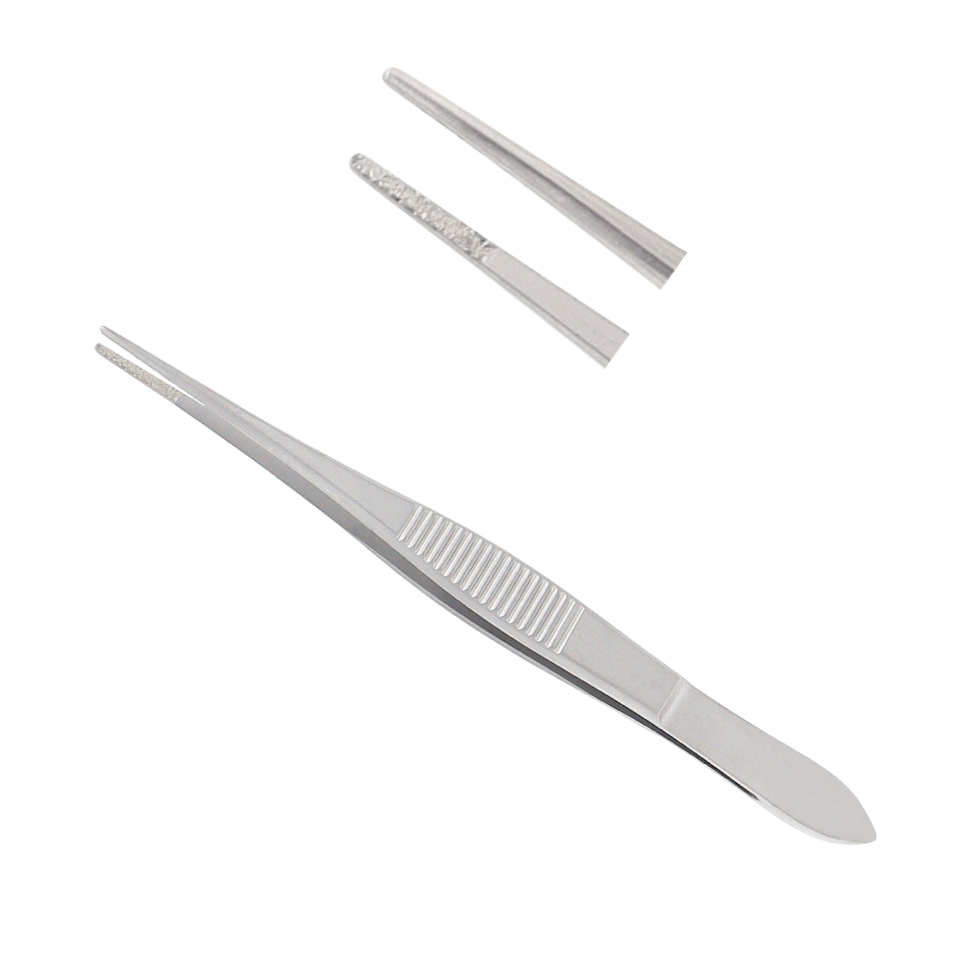 Straight stainless steel surgical dressing forceps with a serrated thumb grip and blunt tips, shown against a white background.