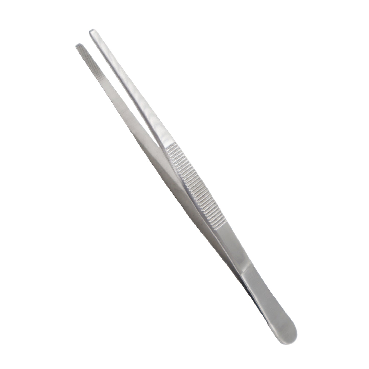 Straight stainless steel surgical dressing forceps with ribbed handles and blunt tips, shown against a white background.