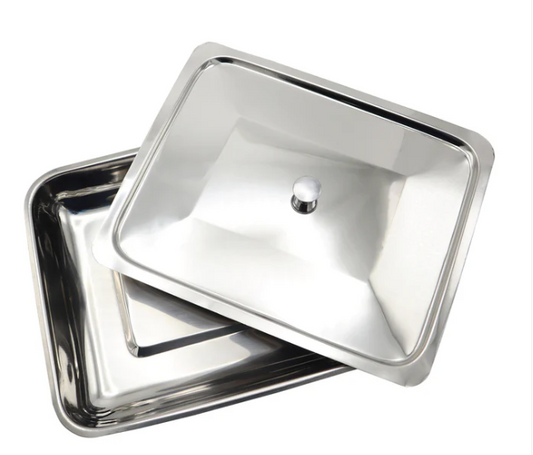 Polished stainless steel surgical instrument tray featuring a matching drop-on lid with a center knob handle grip.