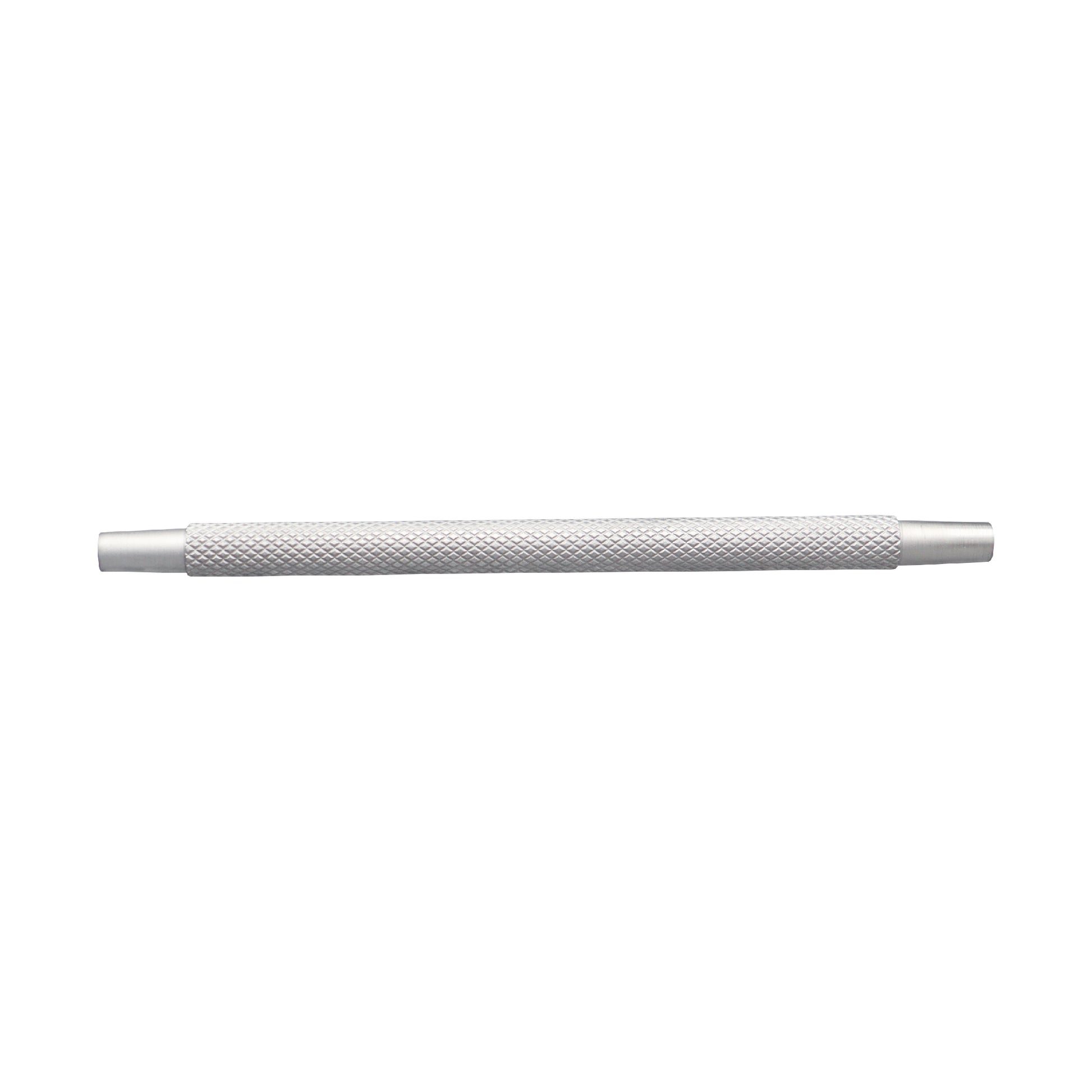 Stainless steel dual-end watch spring bar tool with a textured knurled grip on a white background.