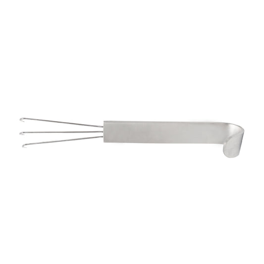 A stainless steel Anderson Bear Claw Retractor with three sharp prongs.