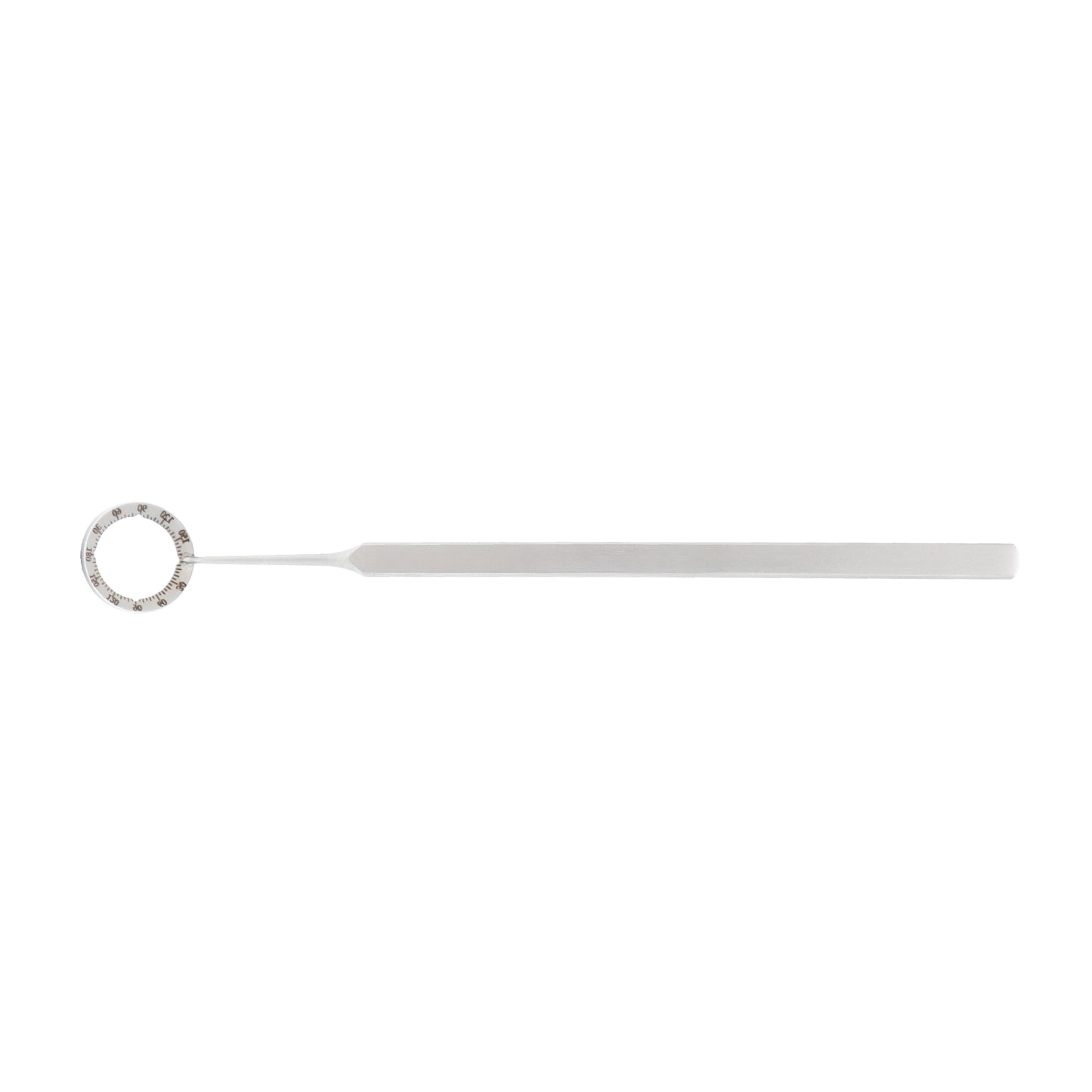 A stainless steel Henderson degree gauge with a beveled edge and four notches for alignment marks, measuring 16 mm.