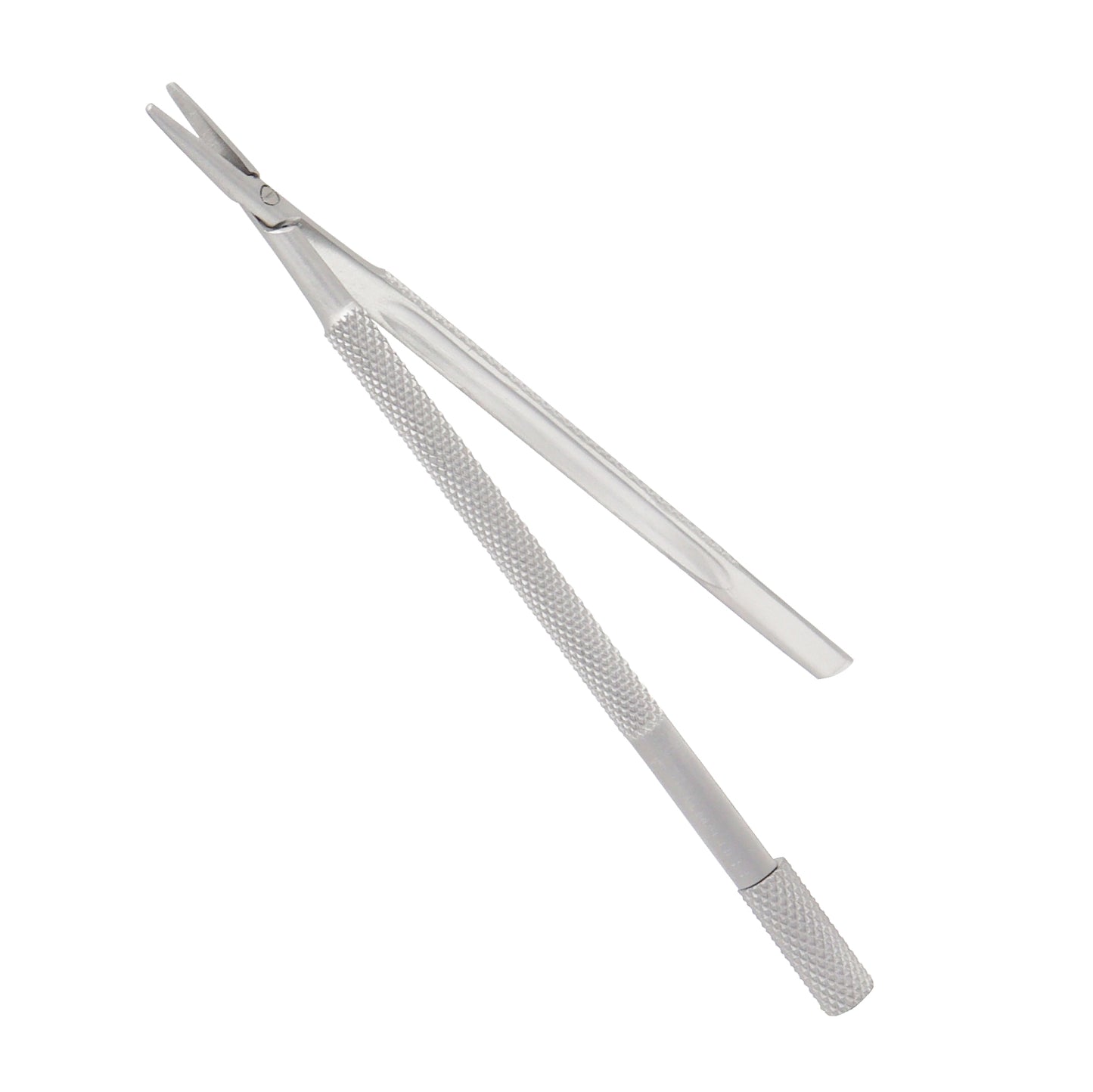 A stainless steel blade holder with a Swiss model design, featuring a blade slot and a textured handle.