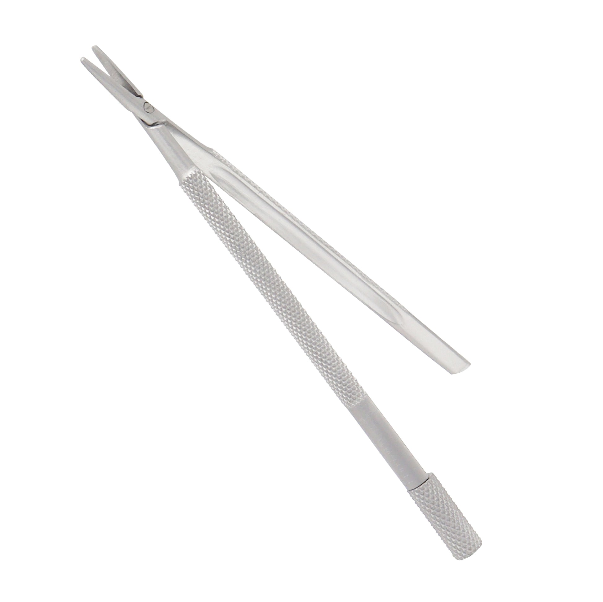 A stainless steel blade holder with a Swiss model design, featuring a blade slot and a textured handle.