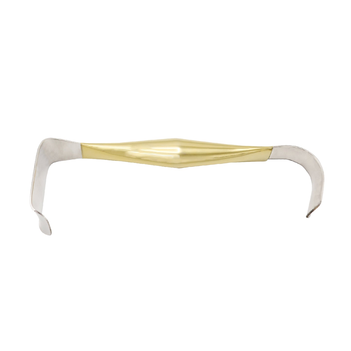 A stainless steel breast retractor with a gold-colored band and handles.