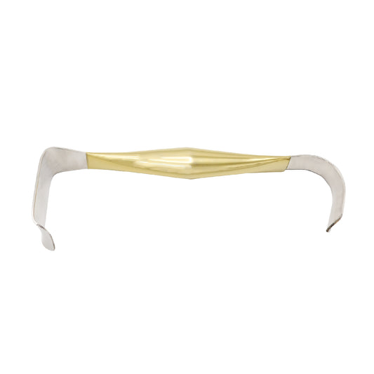 A stainless steel breast retractor with a gold-colored band and handles.