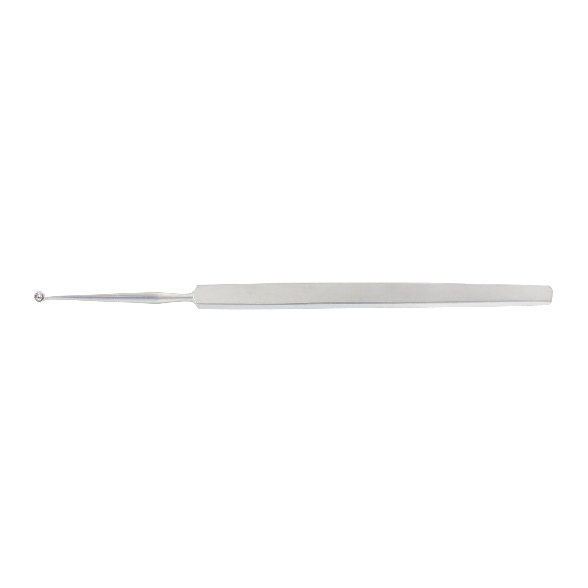 A stainless steel chalazion curette with a serrated tip and a straight handle.