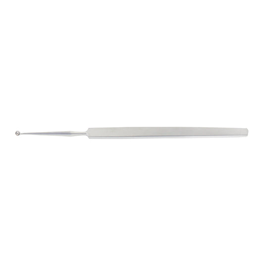 A stainless steel chalazion curette with a serrated tip and a straight handle.