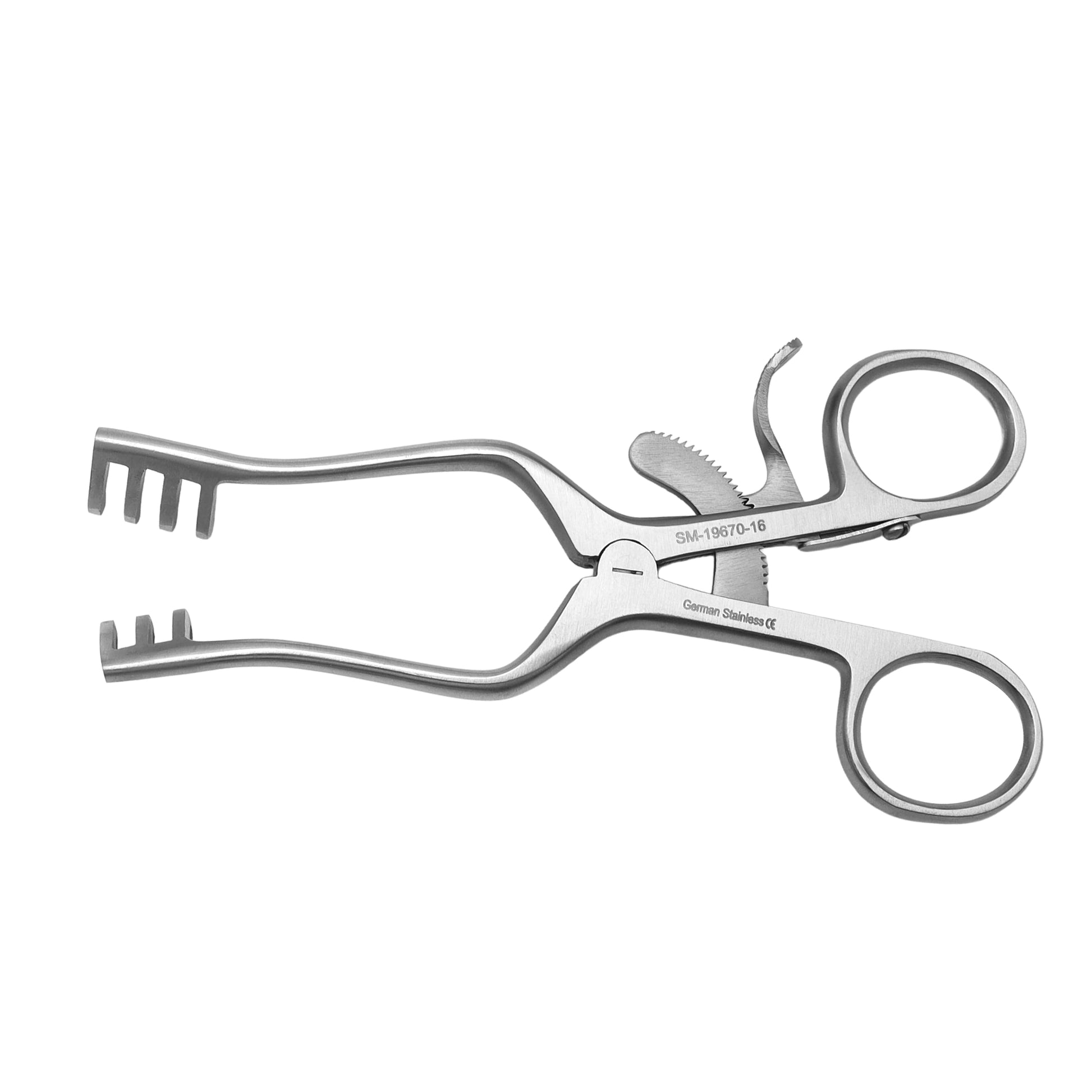 A stainless steel dental hand instrument, specifically a bone elevator with a serrated jaw and finger rings, shown on a plain white background.