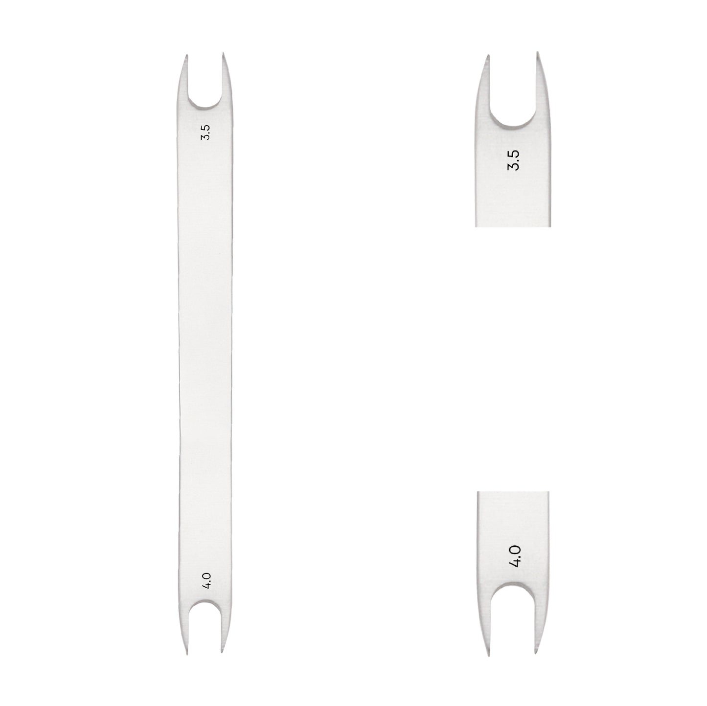 Double-ended stainless steel dental implant open wrench with 3.5mm and 4.0mm prong heads shown as full-length profile and close-up views on a clean white background.
