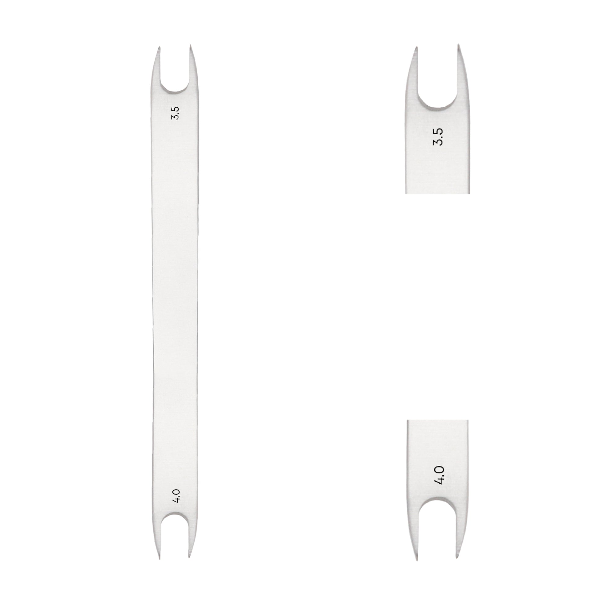 Double-ended stainless steel dental implant open wrench with 3.5mm and 4.0mm prong heads shown as full-length profile and close-up views on a clean white background.
