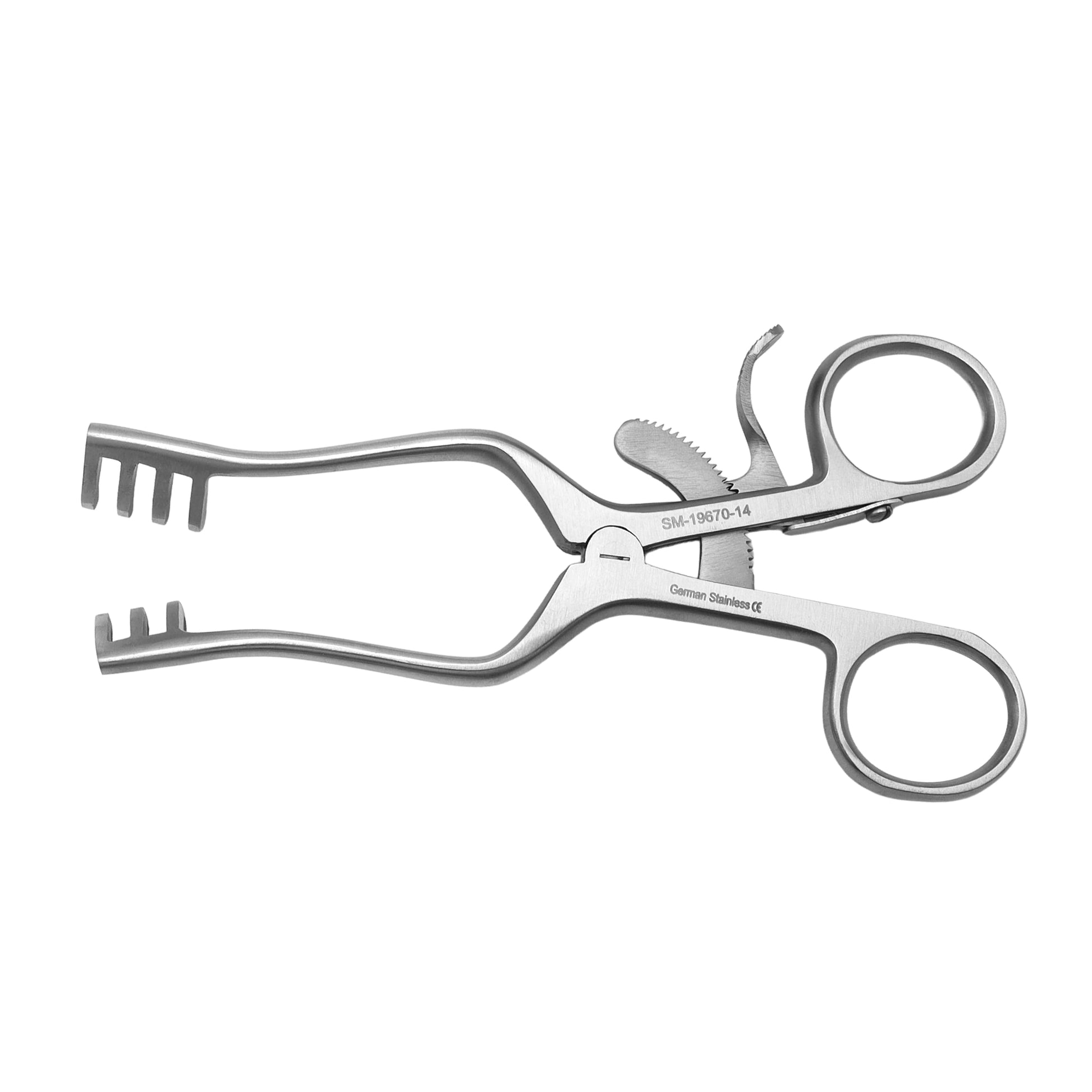 A stainless steel dental impression tray dissection instrument with two finger rings, a serrated blade, and a separate curved spatula tool, shown on a plain white background.