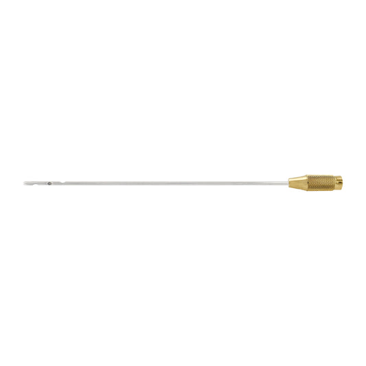 A stainless steel liposuction cannula with three diagonal holes and a gold-tone connector.