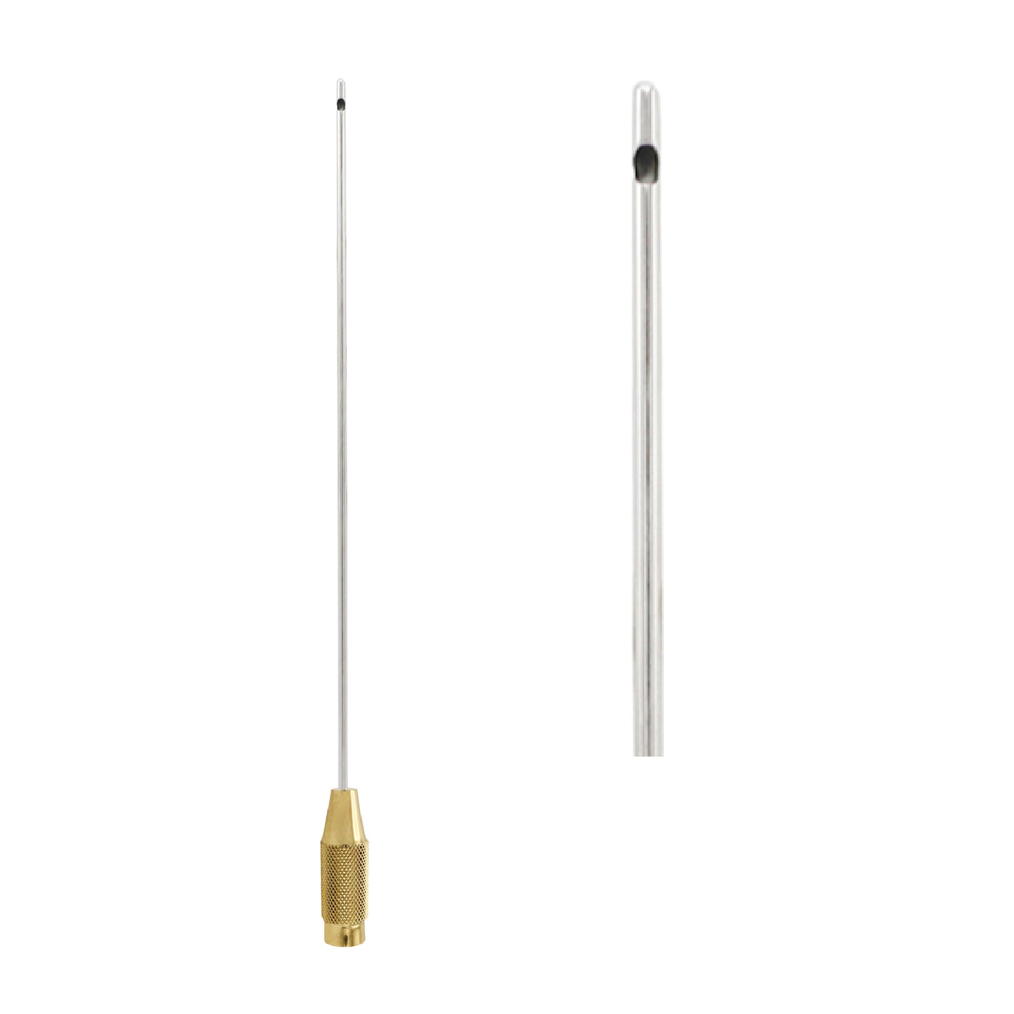 A stainless steel liposuction cannula with a central hole and a pointed tip, displayed disassembled into two parts.
