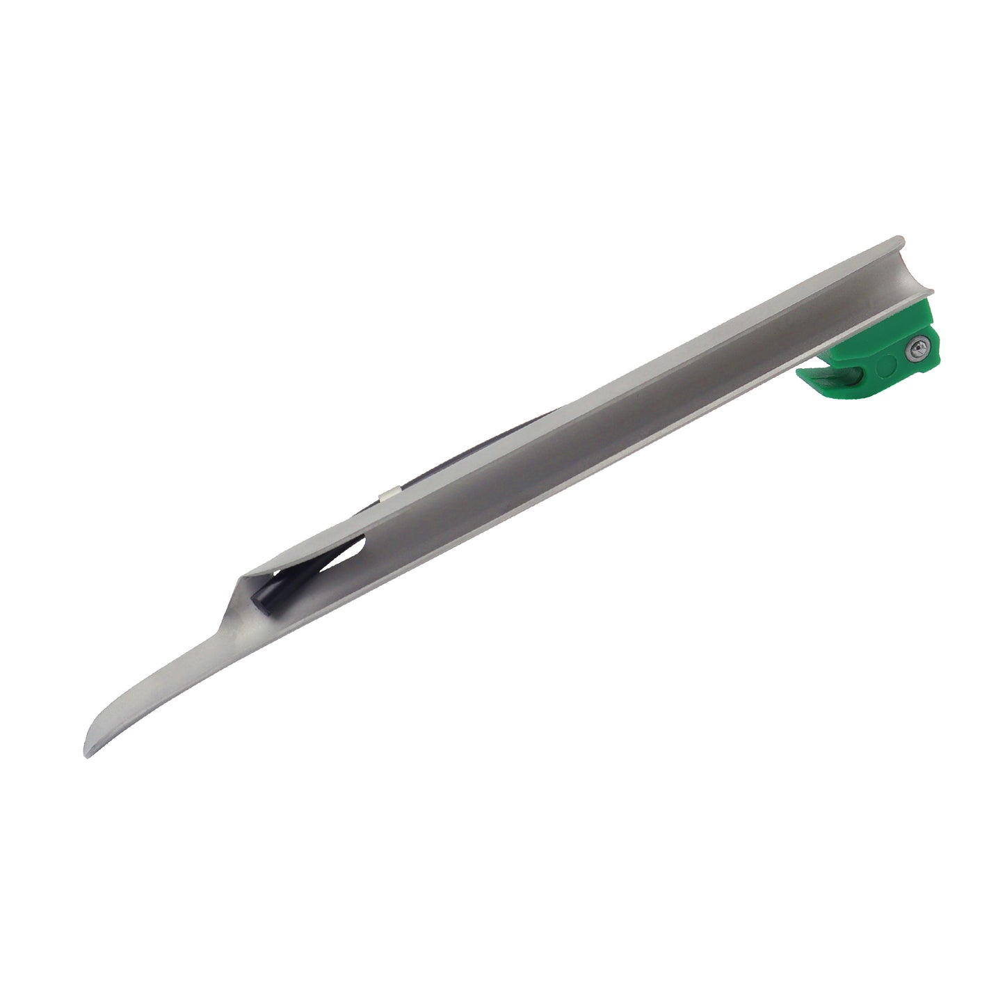 Stainless steel single-use Miller blade device designed for laryngoscopy and airway management, shown as a sterile medical instrument.