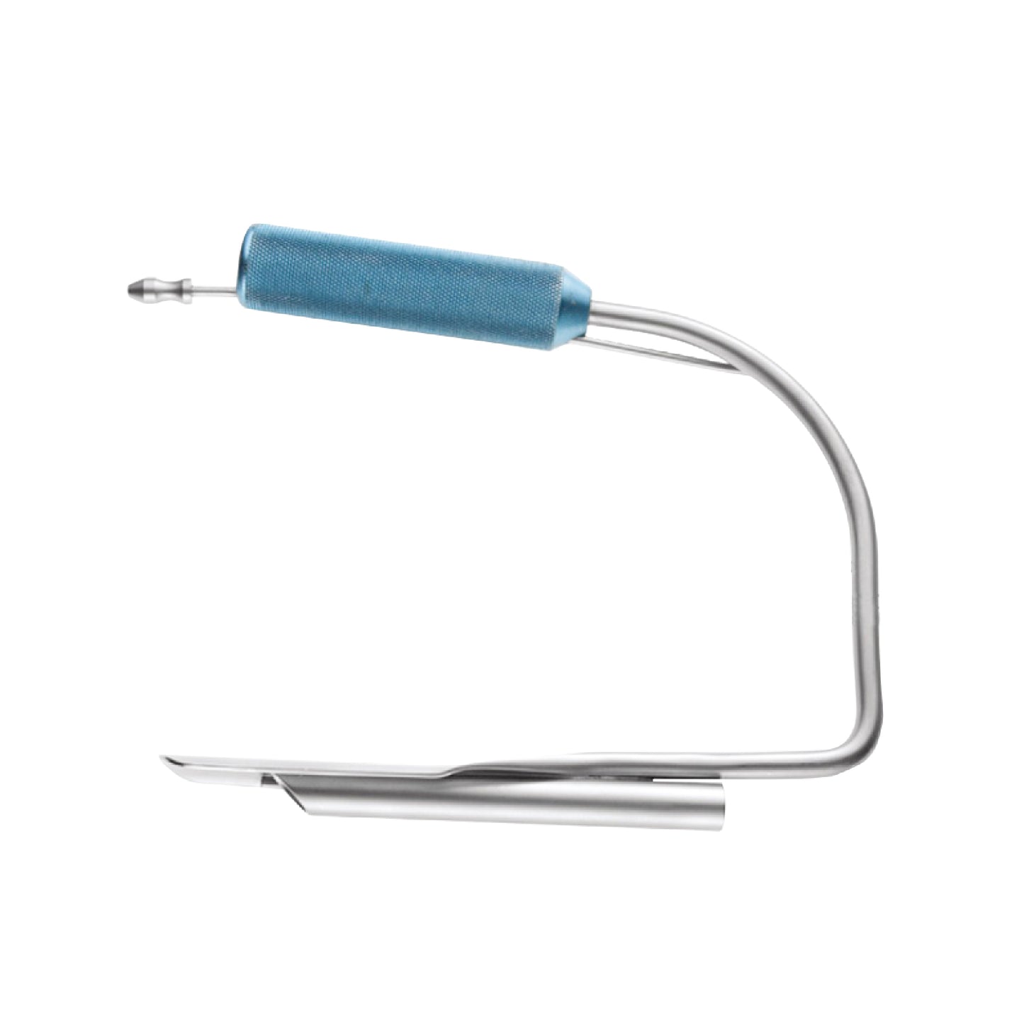 A stainless steel plastic surgery retractor with a blue handle and a polished head.