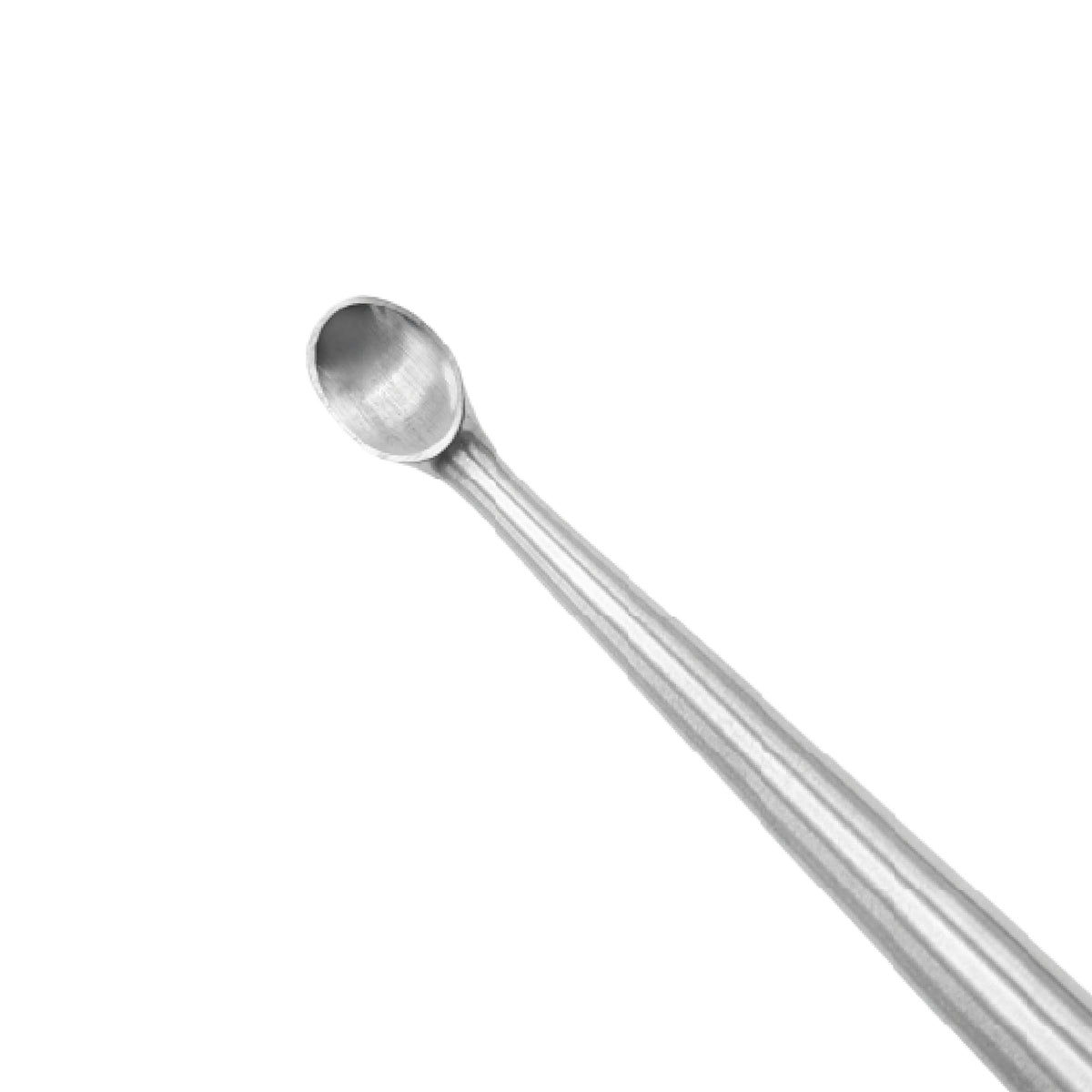 A stainless steel spoon with a long, slender handle and a rounded bowl, shown diagonally on a plain white background.