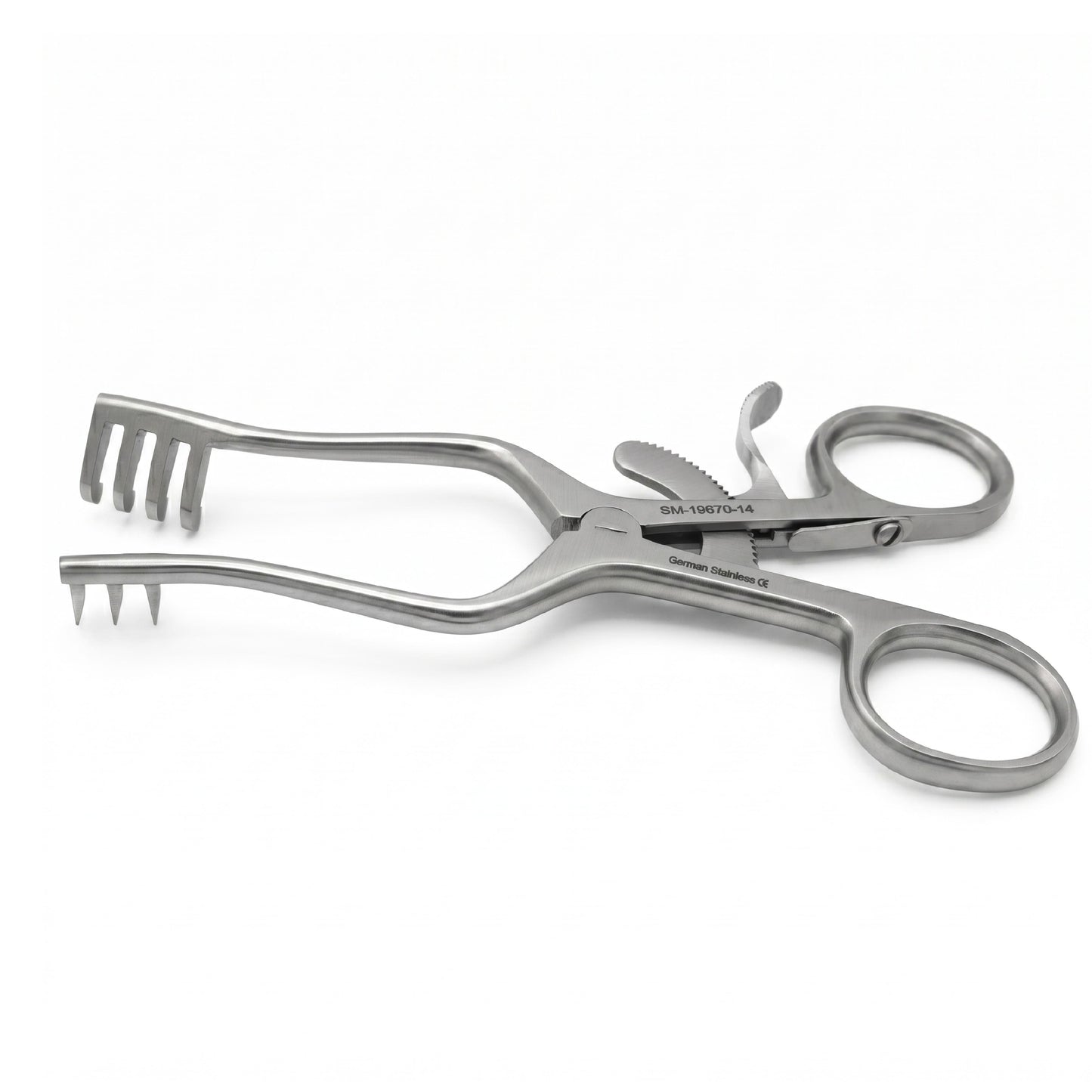 A stainless steel surgical forceps instrument with two loops for fingers, a spring-loaded tip, and a biting claw with four teeth on one side and three teeth on the other, shown on a white background.