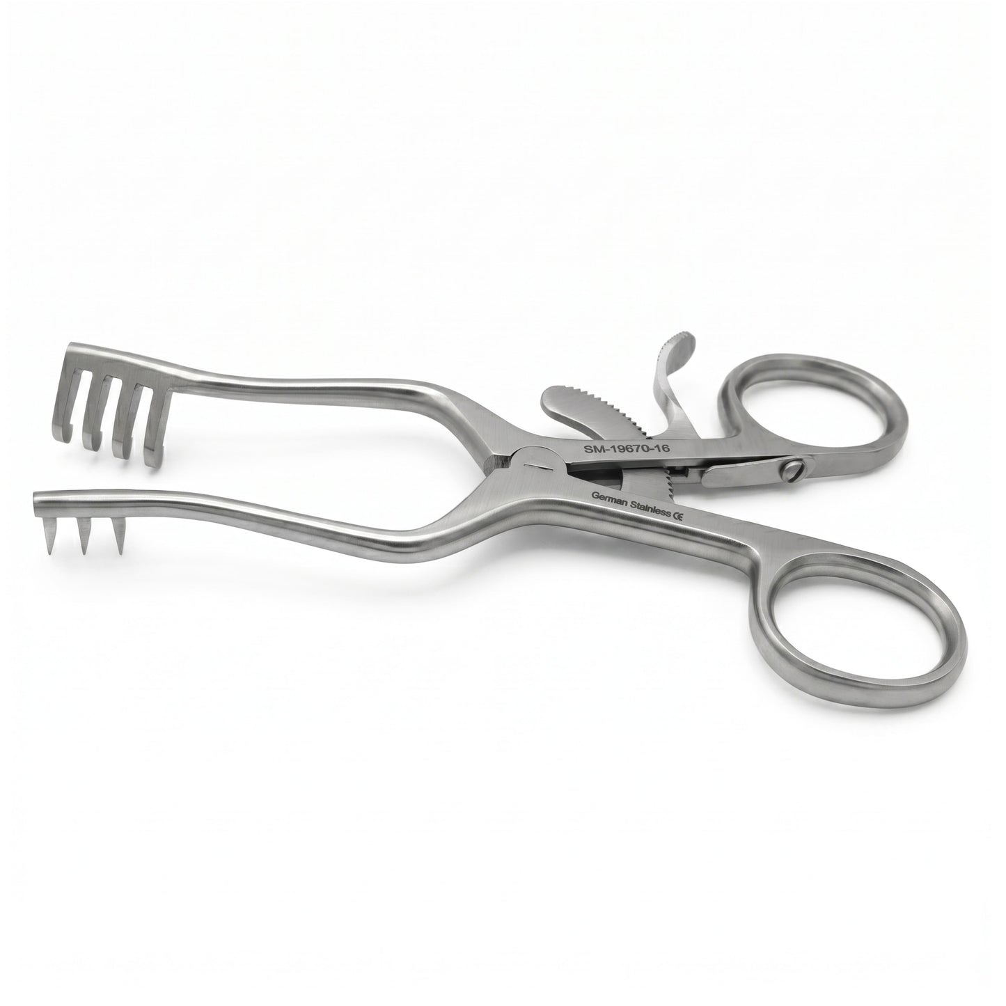 A stainless steel surgical retractor clamp with dual handles, showing one side with four teeth and the other with two pins, on a plain white background.