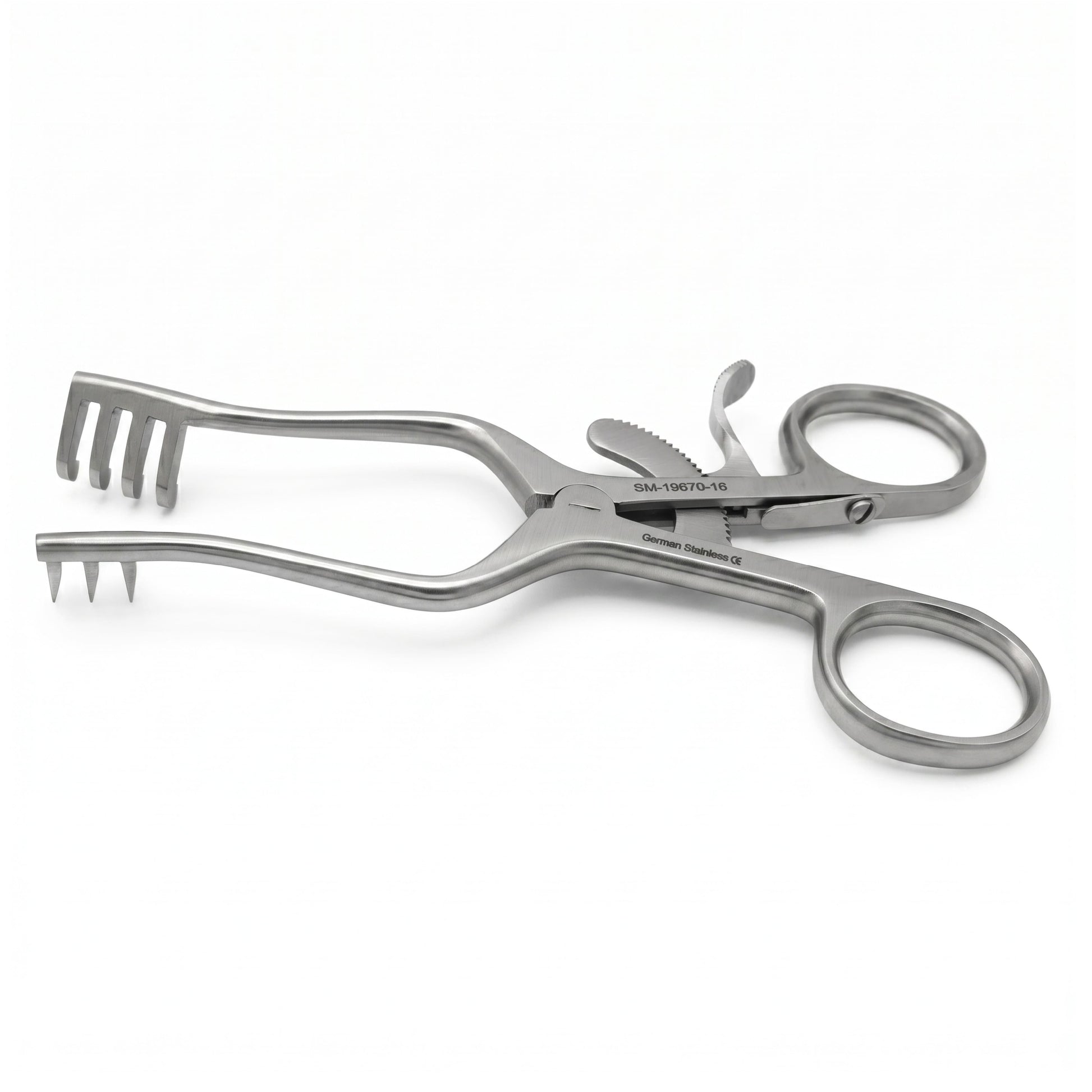 A stainless steel surgical retractor clamp with dual handles, showing one side with four teeth and the other with two pins, on a plain white background.