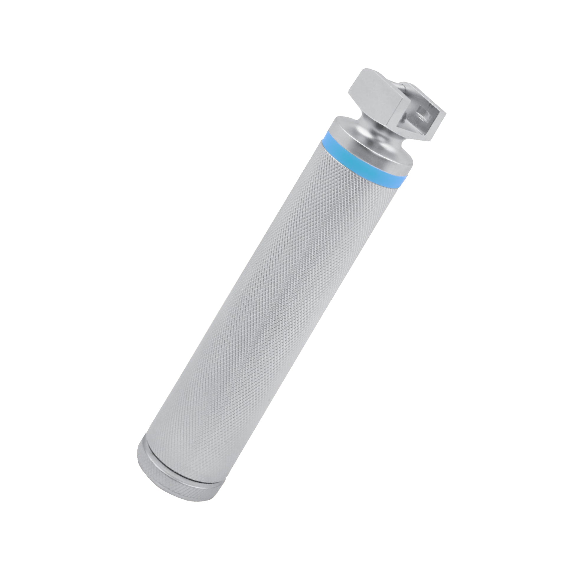 A stainless steel laryngoscope handle with a knurled grip and a blue-ringed blade attachment point at the top, used for intubation and airway visualization.