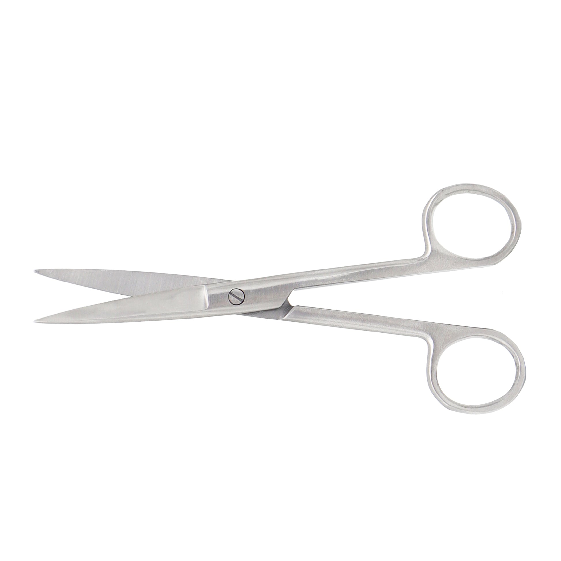 Straight stainless steel surgical operating scissors with sharp/blunt tips and finger ring handles on a white background.