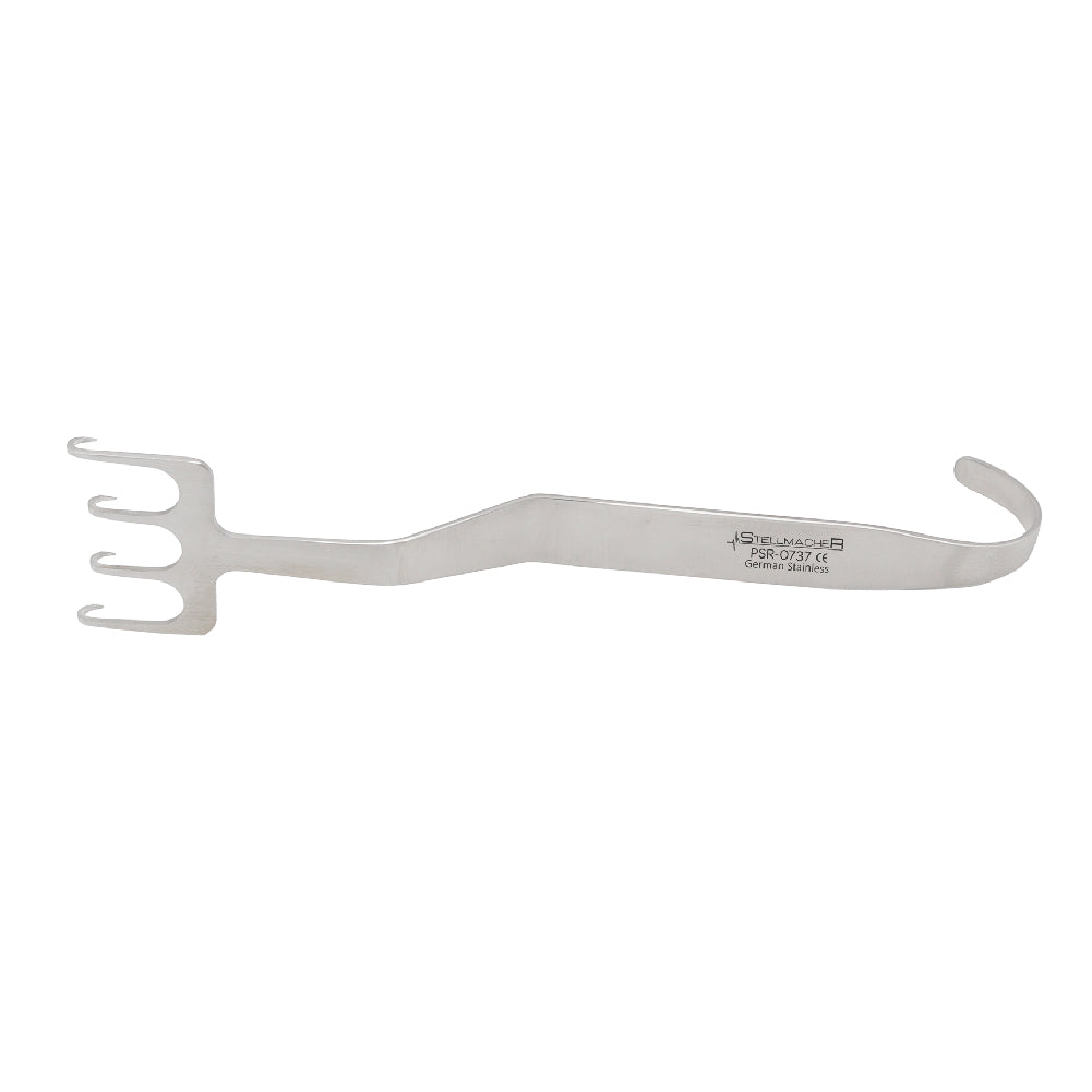 A medical-grade stainless steel Stellmacher Freeman Face Lift Retractor featuring four sharp rake-style prongs and a bent neck for surgical tissue retraction.