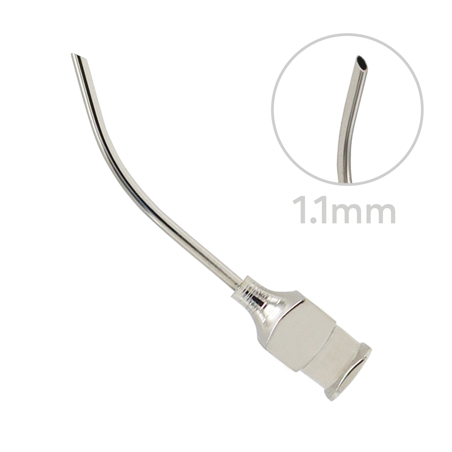 Sterile 1.1 mm aspiration cannula for single-use in ophthalmic and surgical fluid aspiration procedures