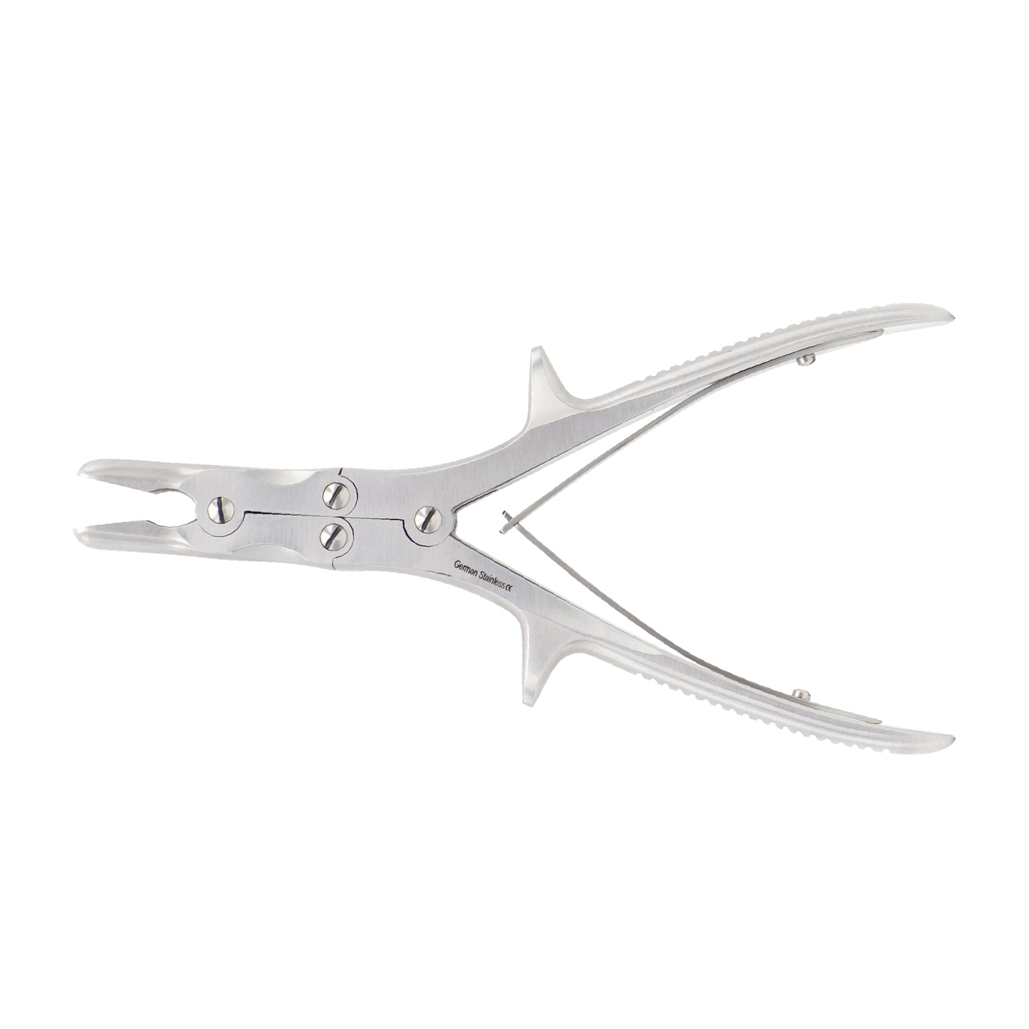 Straight Stille-Luer bone rongeur with double action joint mechanism and textured spring-loaded plier handles on a solid white background.
