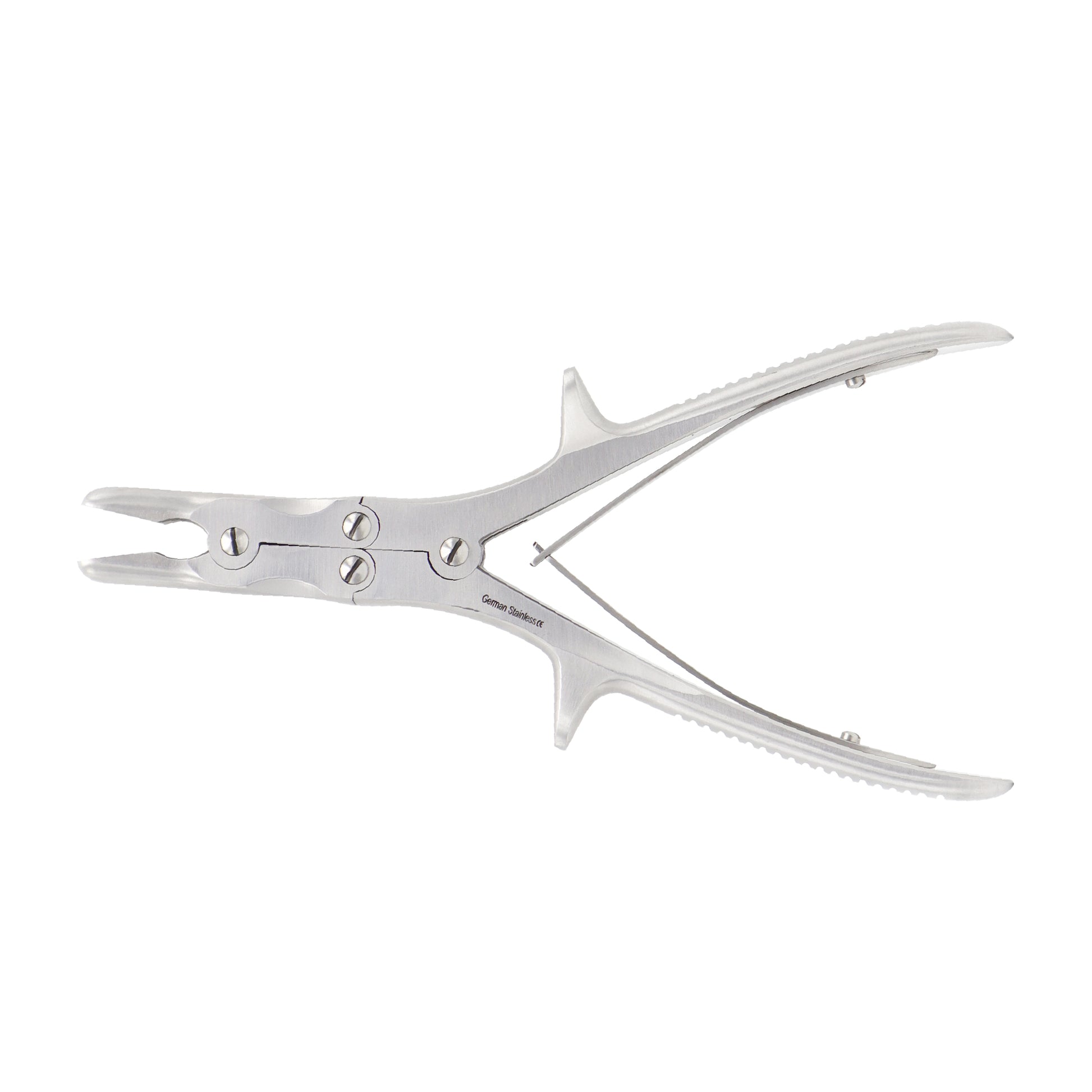 Straight Stille-Luer bone rongeur with double action joint mechanism and textured spring-loaded plier handles on a solid white background.
