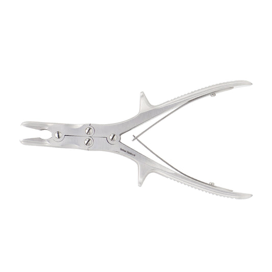 Straight Stille-Luer bone rongeur with double action joint mechanism and textured spring-loaded plier handles on a solid white background.