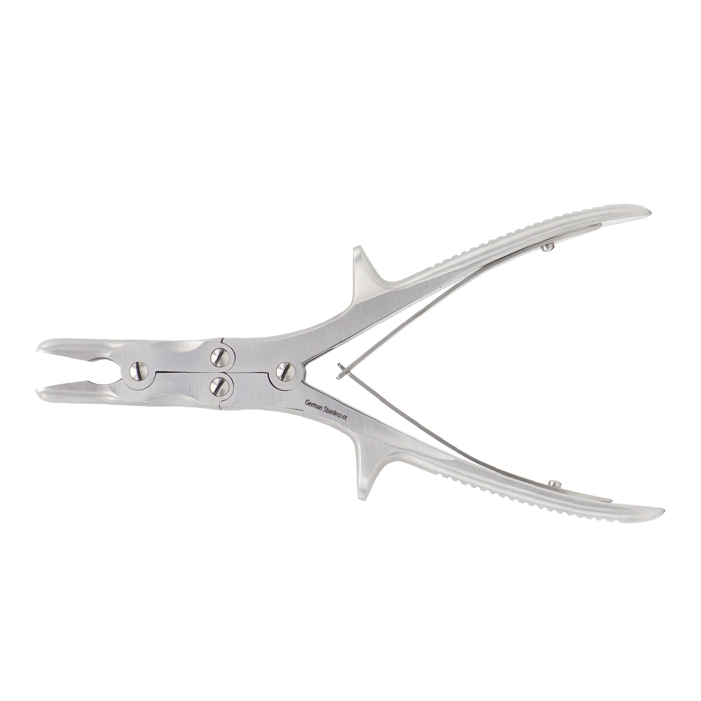 Stille-Luer bone rongeur forceps with double-action compound hinge and curved stainless steel jaws for orthopedic surgery.