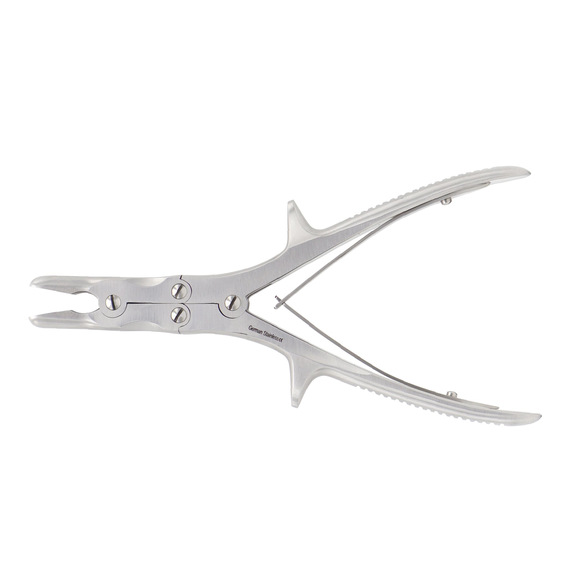Stille-Luer bone rongeur forceps with double-action compound hinge and curved stainless steel jaws for orthopedic surgery.