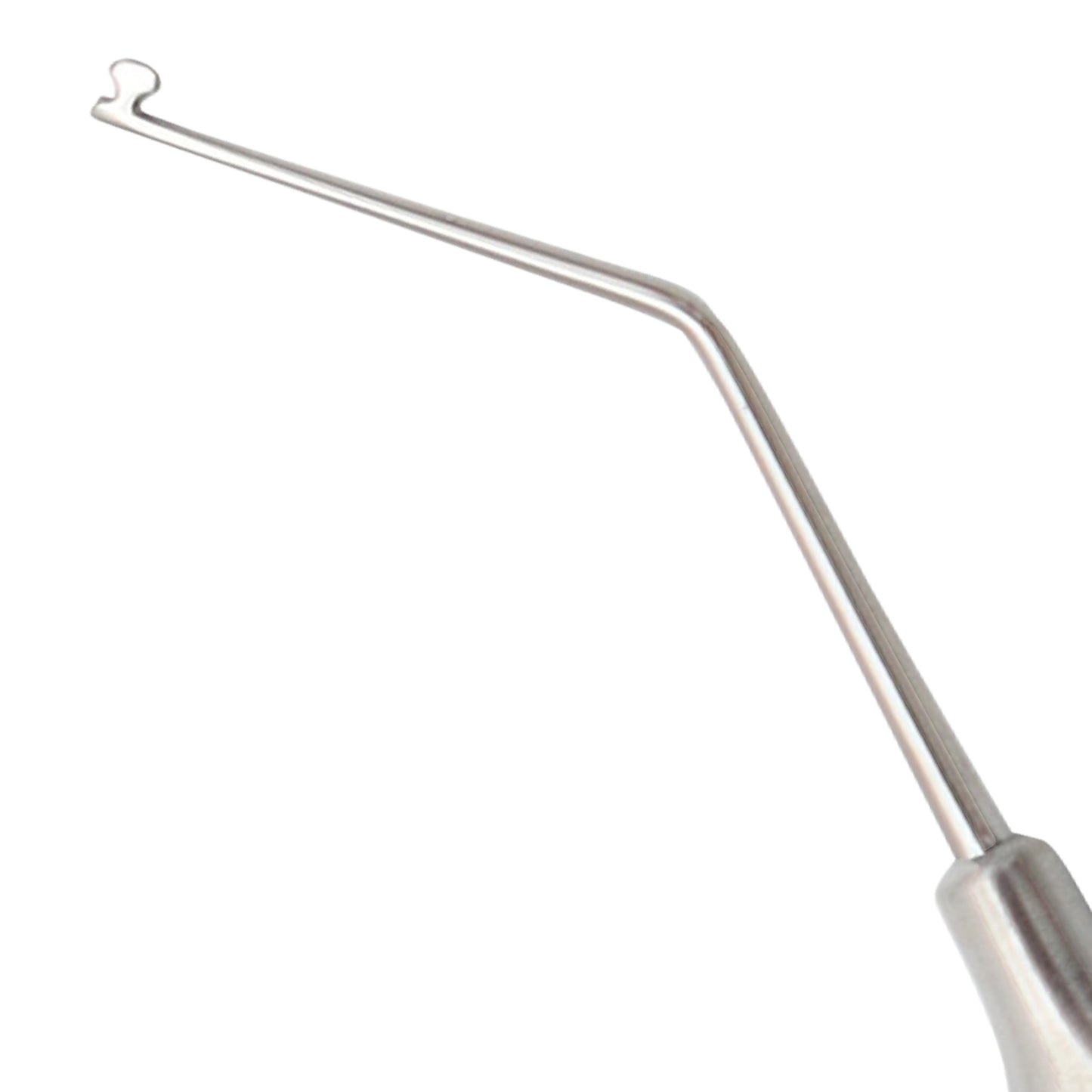 Stainless steel ophthalmic strabismus muscle hook with a flat ring loop tip and angled shaft.