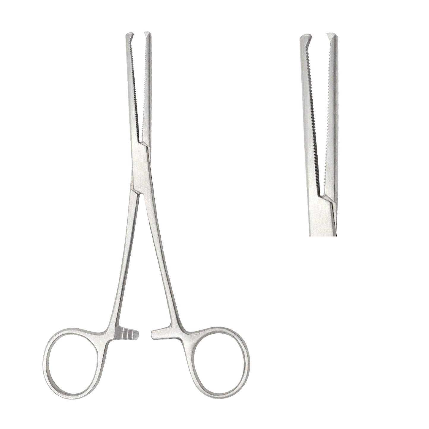 Straight Rochester-Péan hemostatic forceps with fully serrated jaws and ratchet locking handle for surgical vessel clamping.