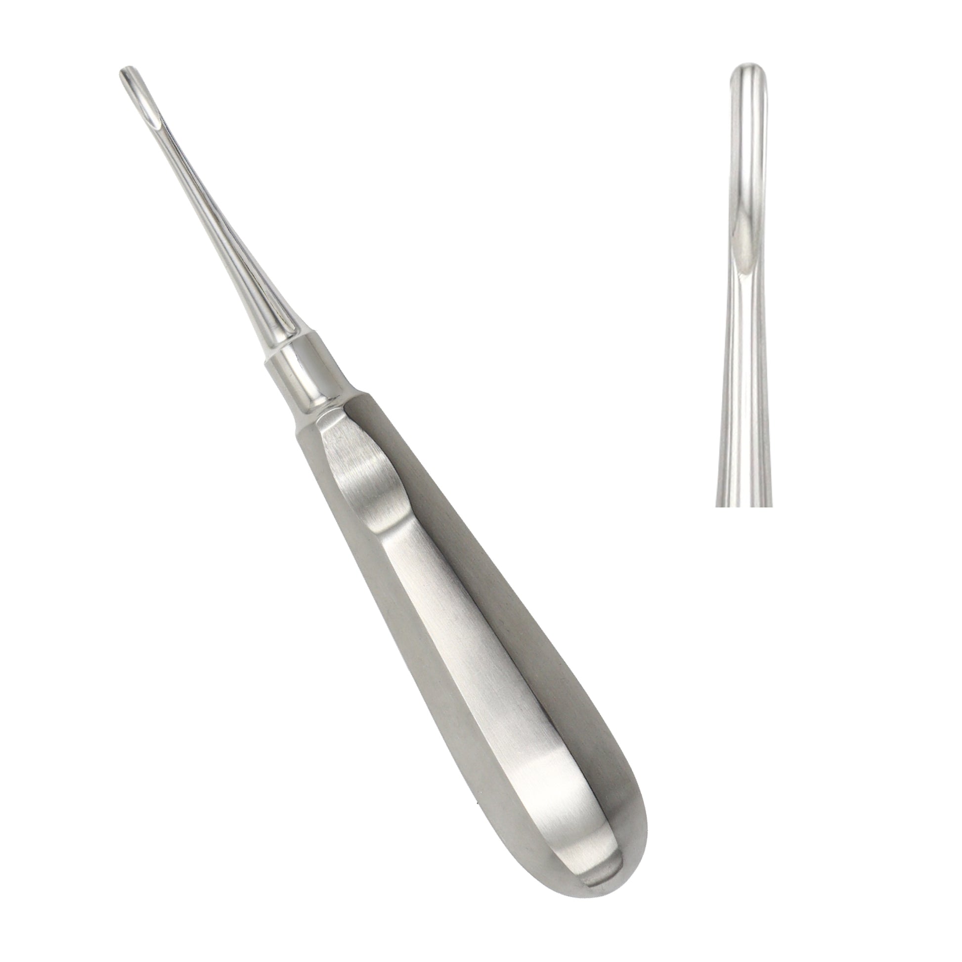 Straight dental root elevator tool with a concave blade tip and ergonomic bulbous handle featuring a thumb rest for tooth extraction procedures.