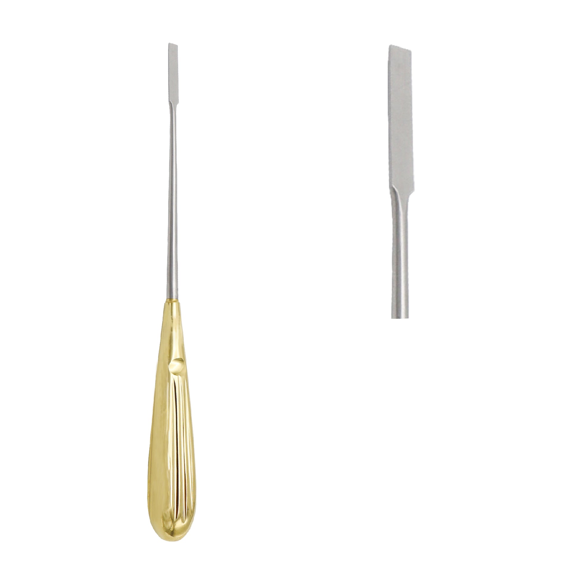 Straight surgical flap dissector with a grooved gold-plated handle for plastic and reconstructive surgery.