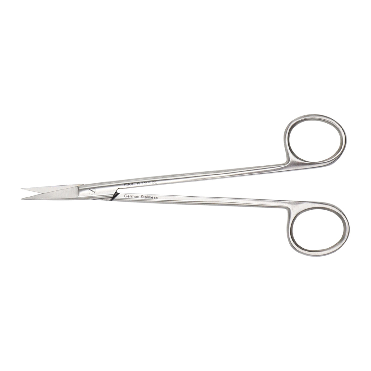 Straight Kelly surgical scissors made of German stainless steel with sharp tips and ring handles, shown isolated on a white background.