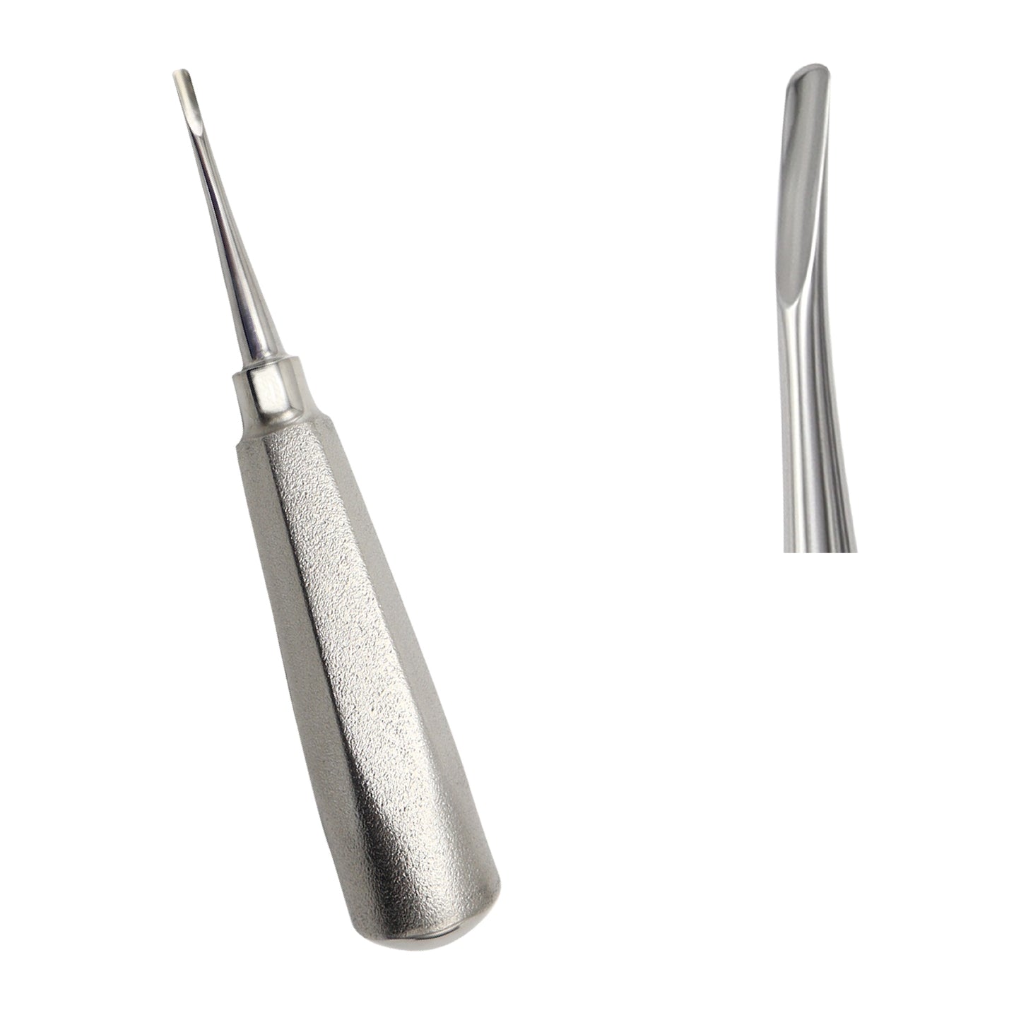 Six metallic dental extraction instruments showing different sizes of straight and slender elevator tips.