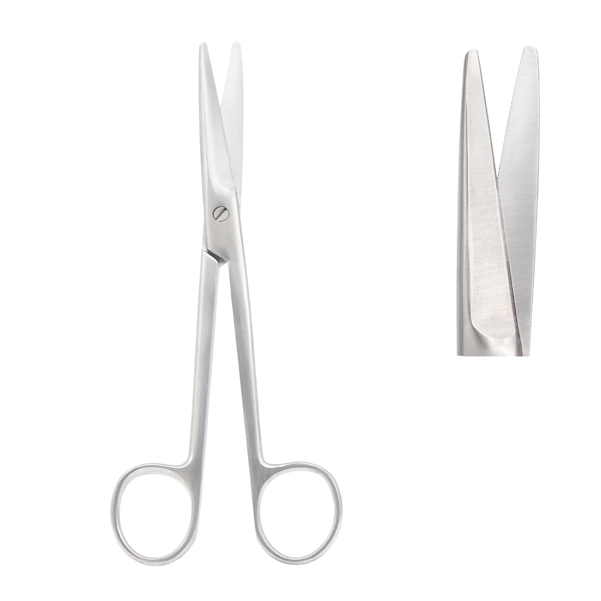 Straight Mayo surgical scissors made of medical-grade stainless steel with semi-blunt tips on a white background.