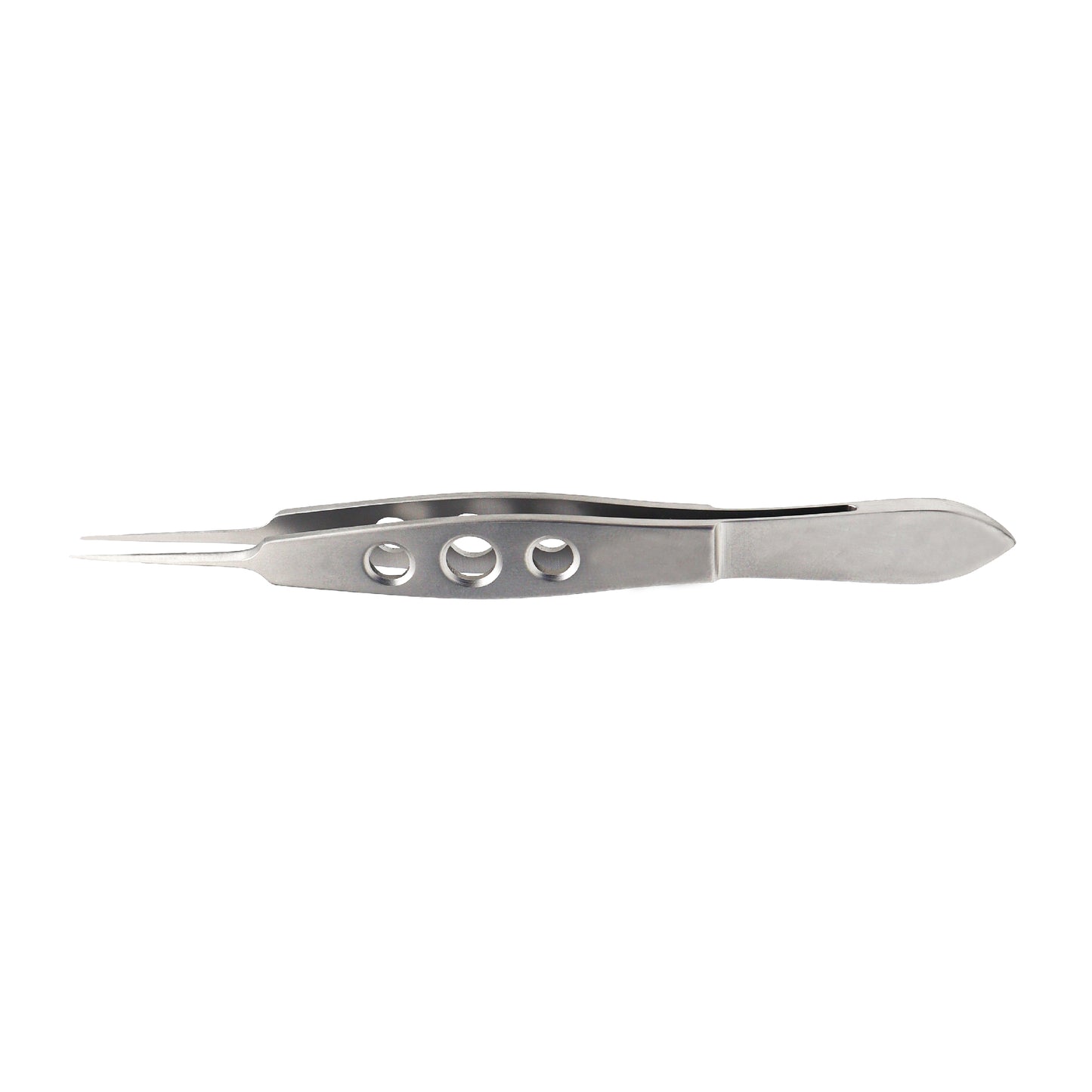 A straight McPherson corneal forceps with 0.3 mm tips made of stainless steel.