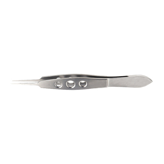 A straight McPherson corneal forceps with 0.3 mm tips made of stainless steel.